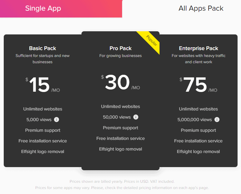 Tarifs du pack toutes applications Elfsight