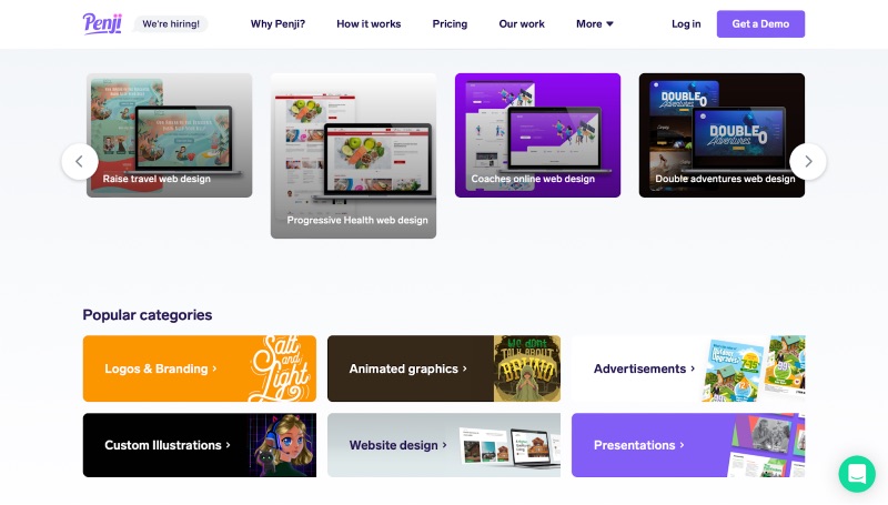 Screenshot di Penji raffigurante esempi del loro servizio di progettazione illimitato