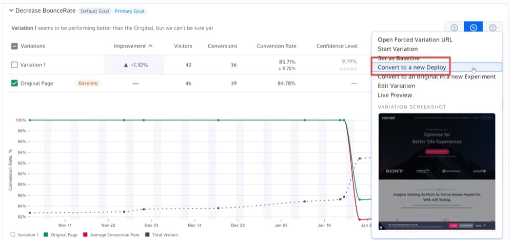 Crea un nuovo Deploy da una variante vincente in un test A/B in Convert's Deploy