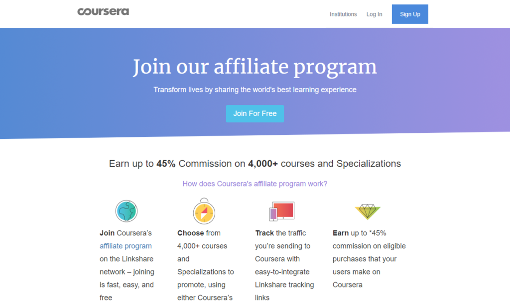 ein Screenshot der Homepage des Coursera-Partnerprogramms