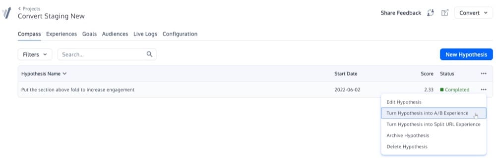 Convert Experiences testing hypothesis based on session recording observation