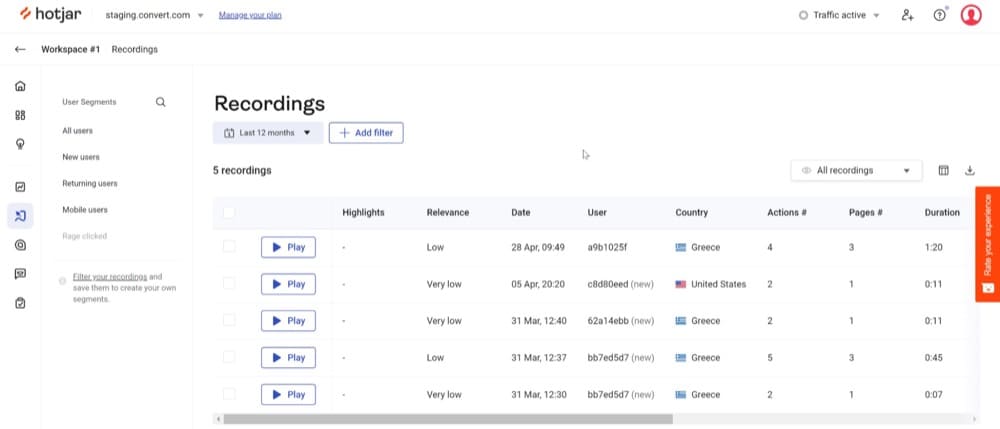 Hotjar session recordings in Convert Experiences