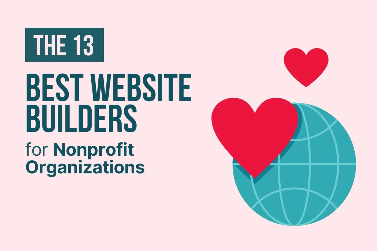 best website builder for nonprofit organizations script on a pink background with icons of world and hearts