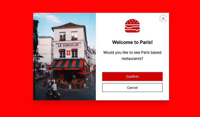 esempio di popup di geolocalizzazione con un titolo che dice "Benvenuto a Parigi!" con l'immagine di un caffè