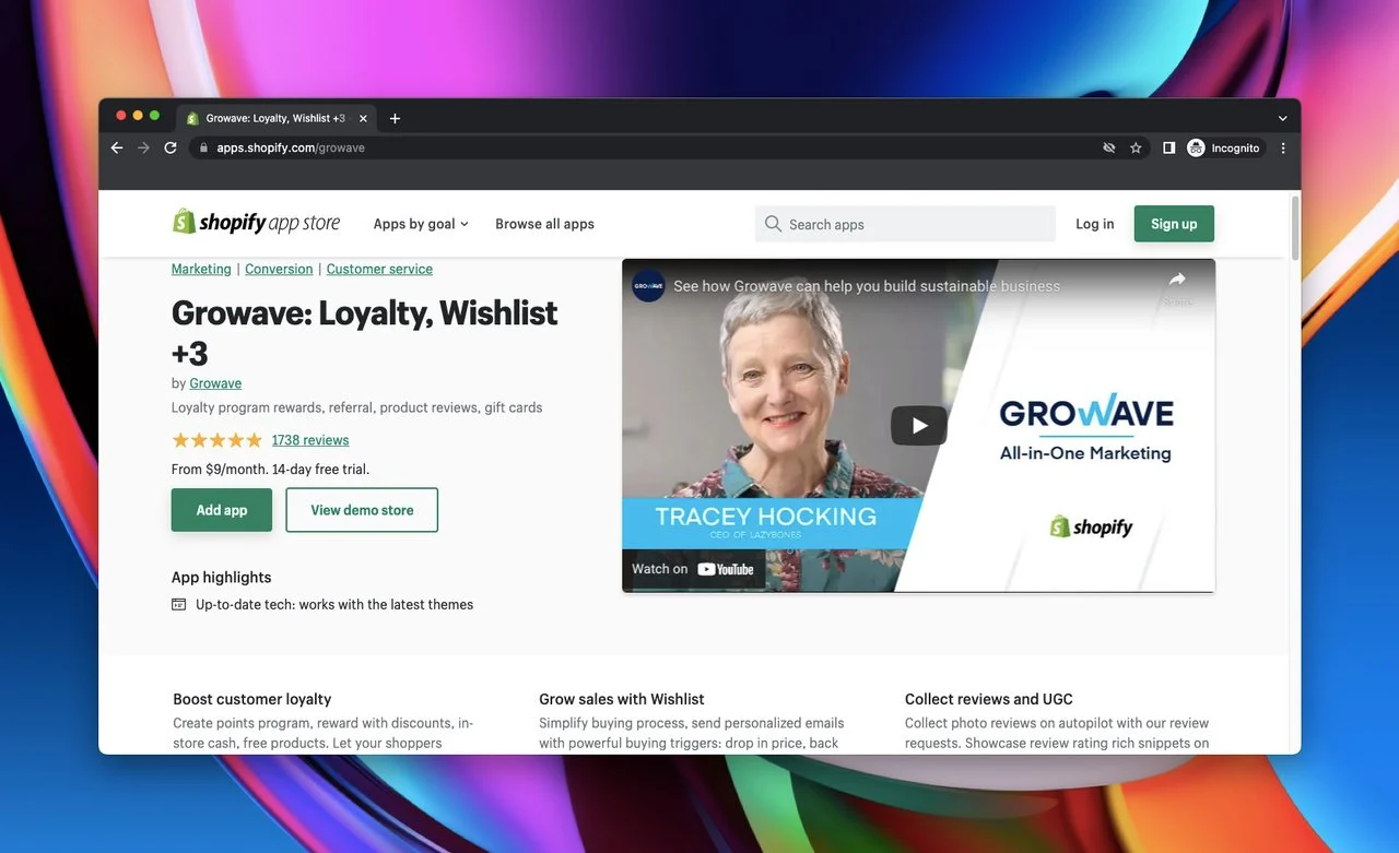 Shopify app store page de Growave qui est une application de partage social Shopify