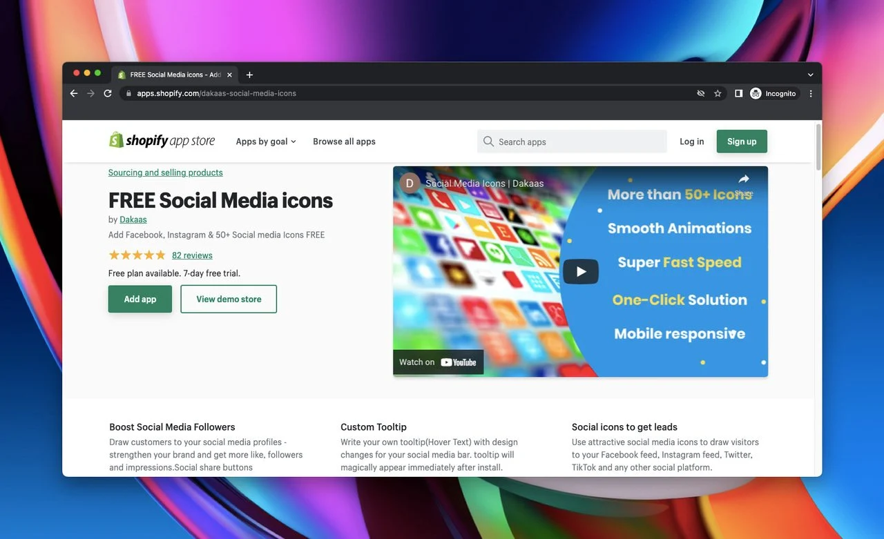 Pagina dell'app store di Shopify di icone social media gratuite che è un'app di condivisione social di Shopify