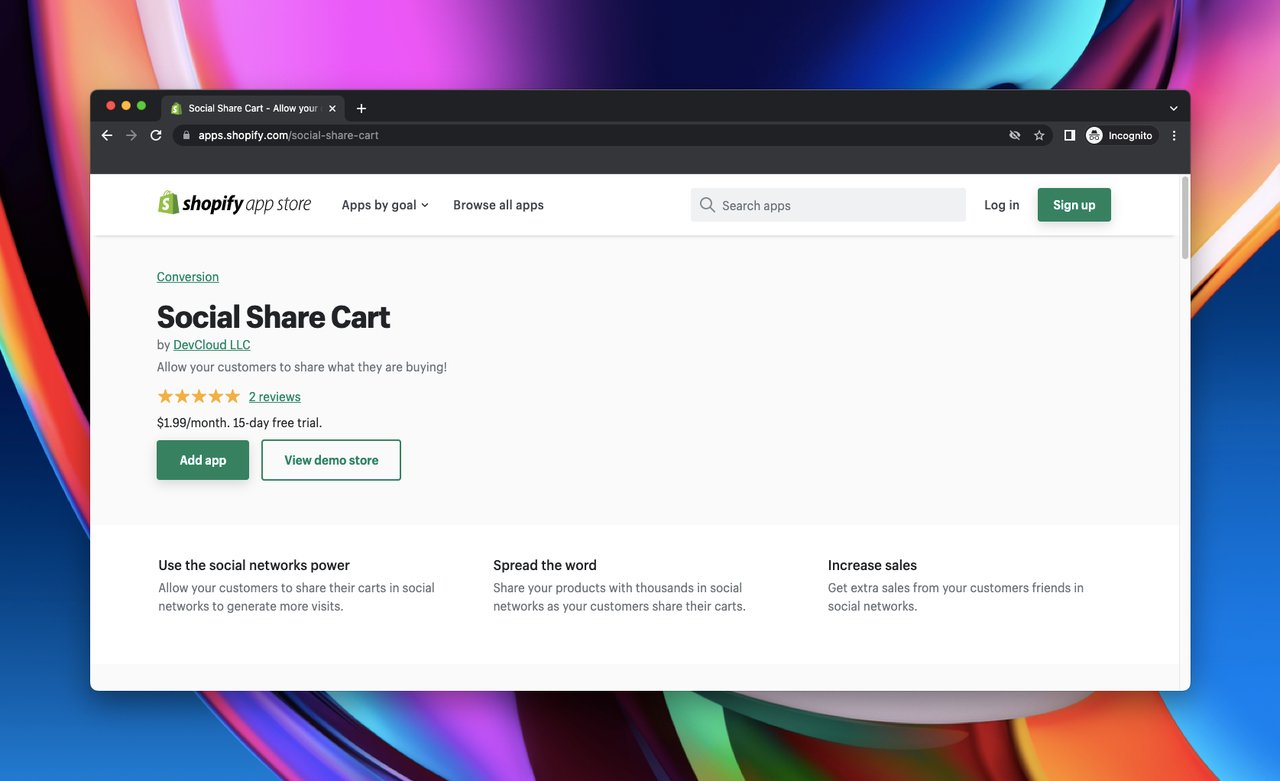 Shopify app store page of Social Share Cart which is a Shopify social share app