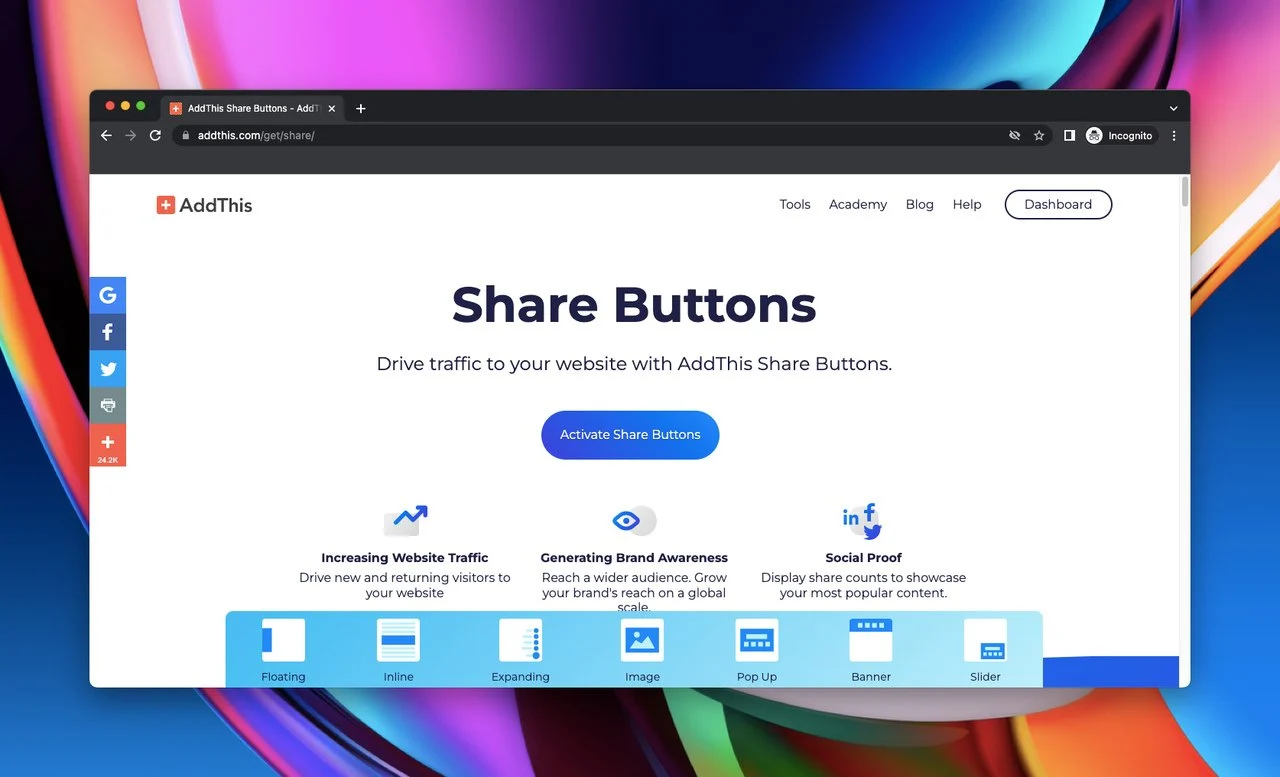 Shopify ソーシャル共有アプリである AddThis Share Buttons のホームページ