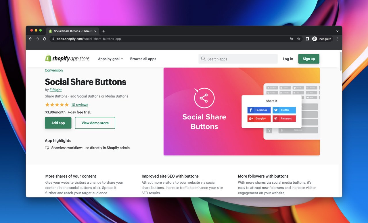 Página de la tienda de aplicaciones de Shopify de Social Share Buttons de Elfsight, que es una aplicación de Shopify para compartir en redes sociales