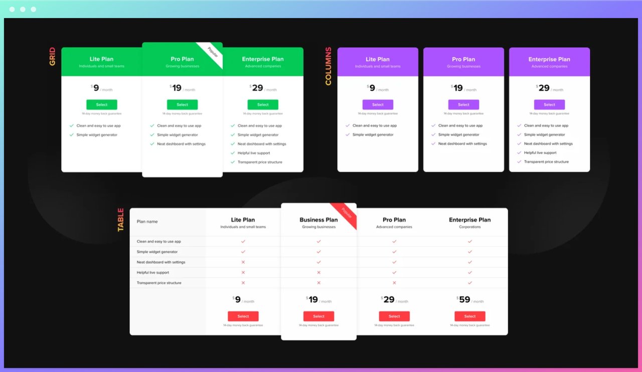 elfsight Shopify pricing table app layouts as grid, columns and table on a black background with green, purple and red design