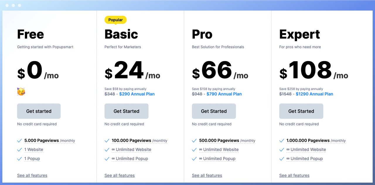 popupsmart's pricing table featuring categories free, basic, pro, and expert with different prices in USD and a popular tag on basic plan