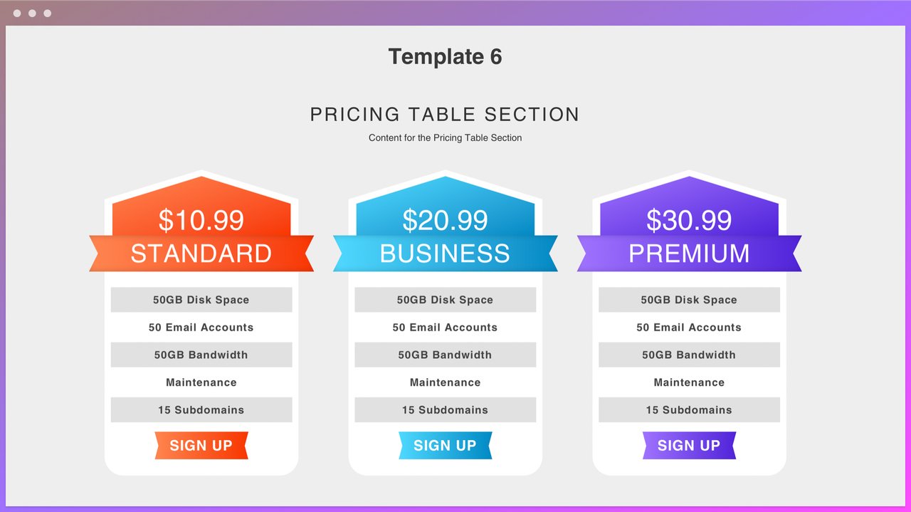 zifyapps example pricing table template 6 showing three pricing olans as standard, business and premium with different prices and features