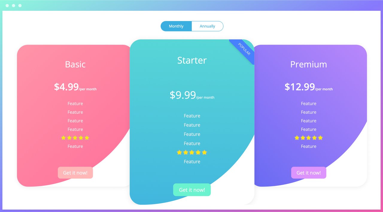 example 5 of pricing table templates by common ninja with the colors pink, blue and purple featuring basic, starter and premium plan