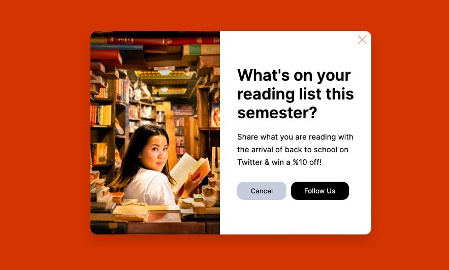 contoh popup back-to-school yang mengatakan "Apa yang ada di daftar bacaan Anda semester ini?" dengan gambar gadis memegang buku di perpustakaan