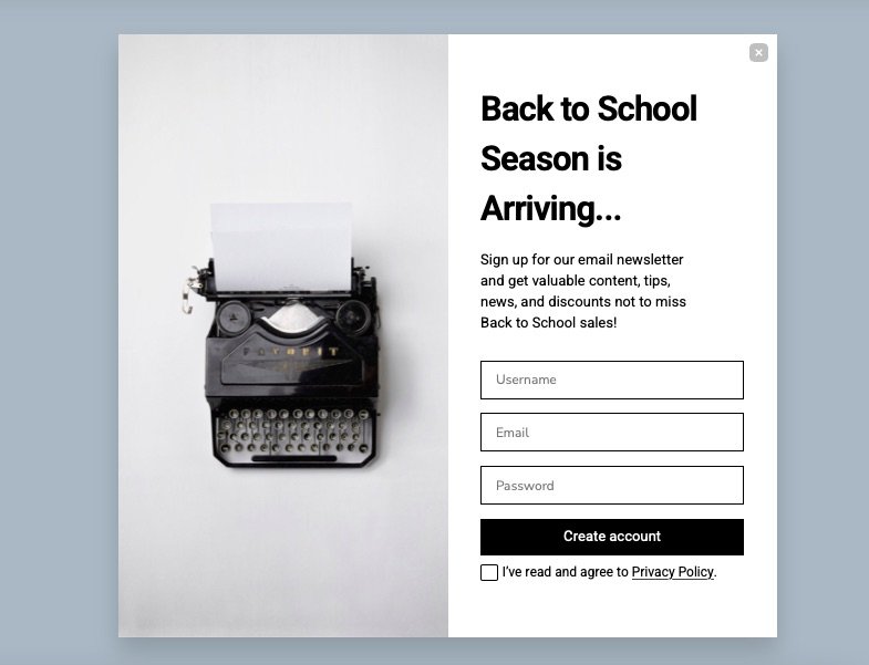 ตัวอย่างป๊อปอัปจดหมายข่าวสำหรับ back-to-school ที่ระบุว่า "Back to School Season is Arriving..."