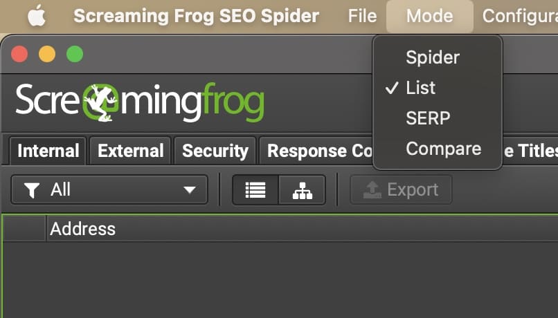 Screaming Frog を開き、リストモードに切り替えます