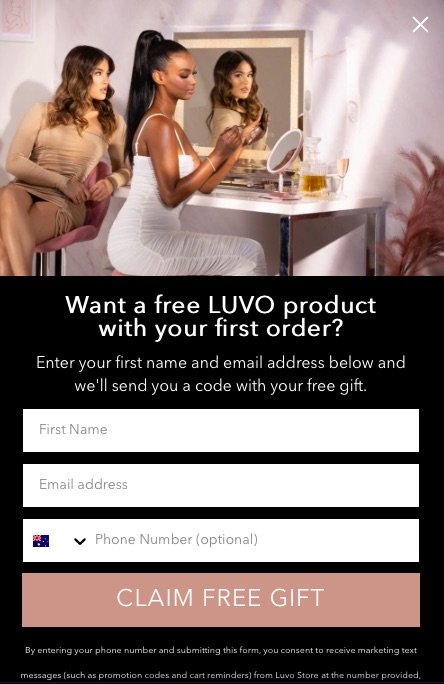 Luvo's form popup example that says "Want a free LUVO product with your first order?"