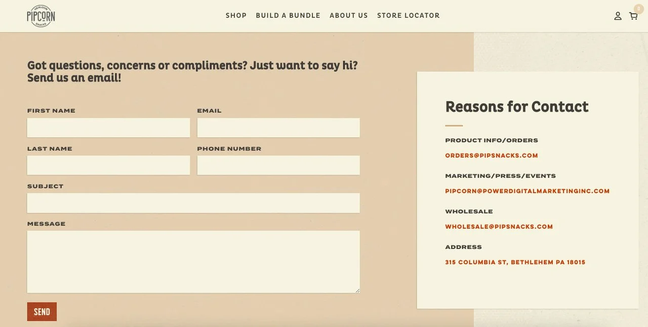 Exemple de formulaire de Pipcorn indiquant "Vous avez des questions, des préoccupations ou des compliments ? Vous voulez juste dire bonjour ? Envoyez-nous un e-mail !"