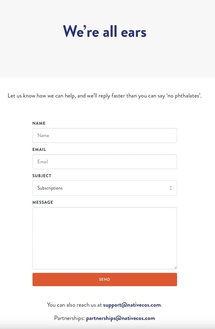 Пример формы обратной связи Nativecos, в которой говорится: «Мы все слушаем»