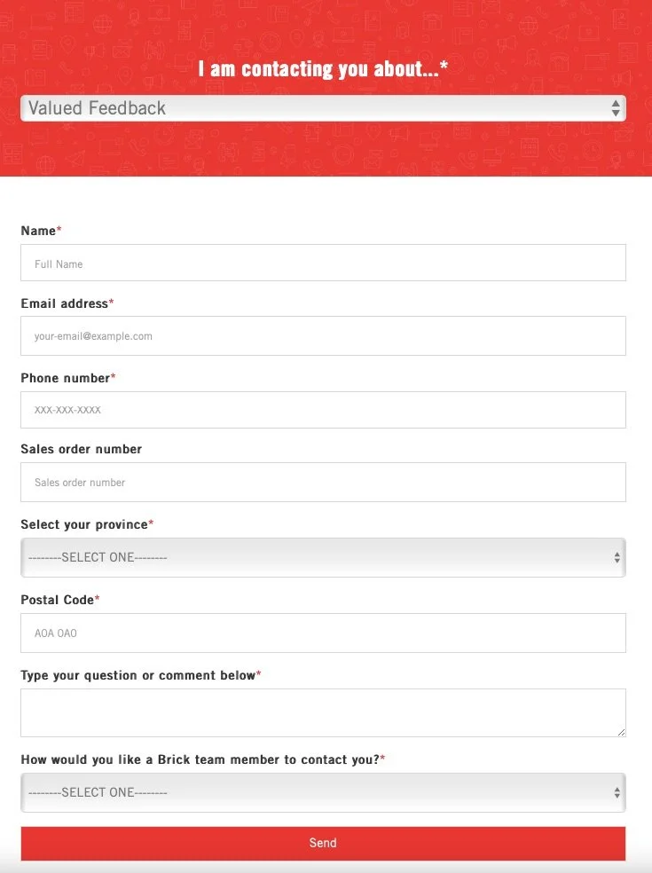 Esempio di modulo di feedback di The Brick che inizia con una frase "Ti sto contattando per..."