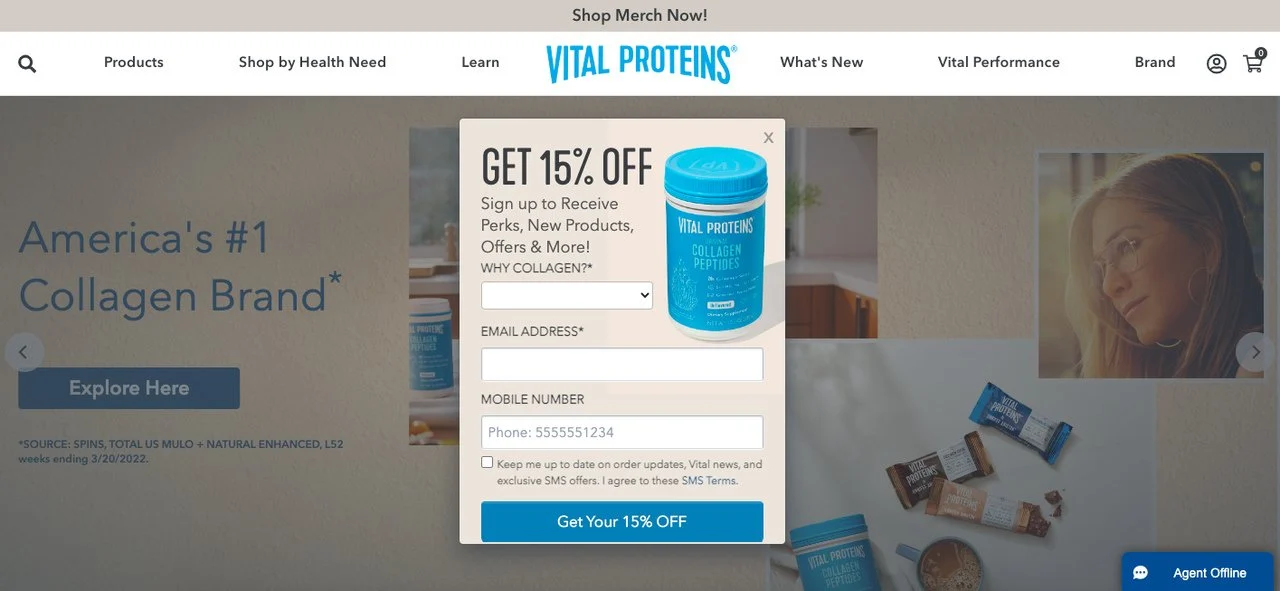 Vital Proteins 的弹出表单示例显示“获得 15%off”