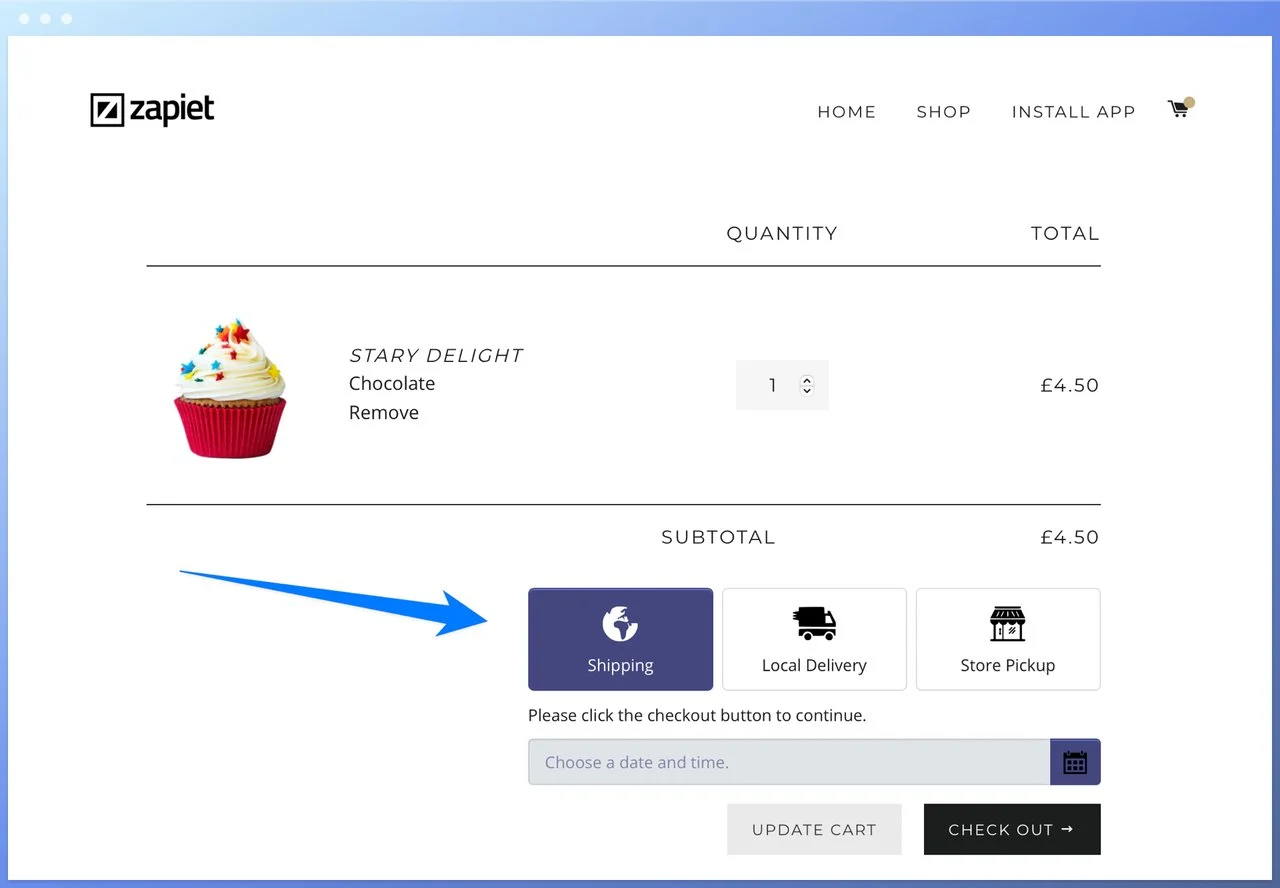 Store Pick-up + Delivery by Zapiet's check out page showing a cupcakes price and delivery options on the right bottom hand