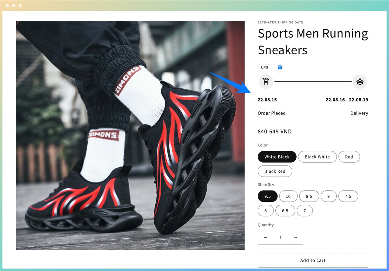 Omega Estimated Shipping Date by Omega's product page showing a man's feet wearing black and red man trainers next to the product info and estimated delivery time info on the right