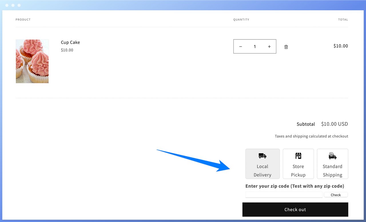 In Store Pick-up Local Delivery by LogBase's check out page showing a cupcake's price and delivery options on the right bottom hand