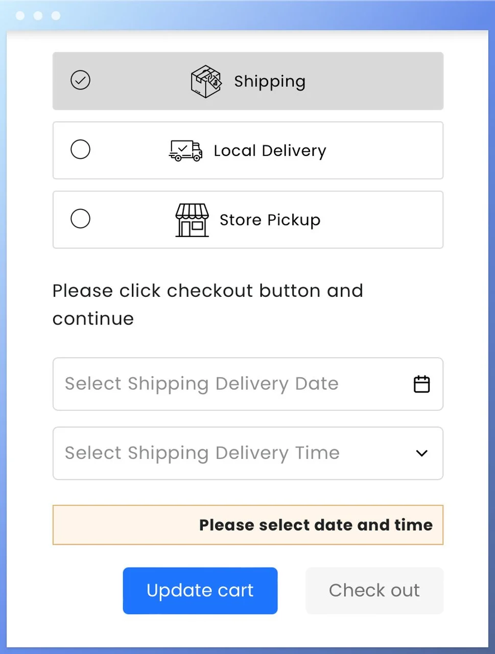 Shipping Rates & Delivery date by CirkleStudio's delivery options page with delivery time and date slots and update cart and check out buttons
