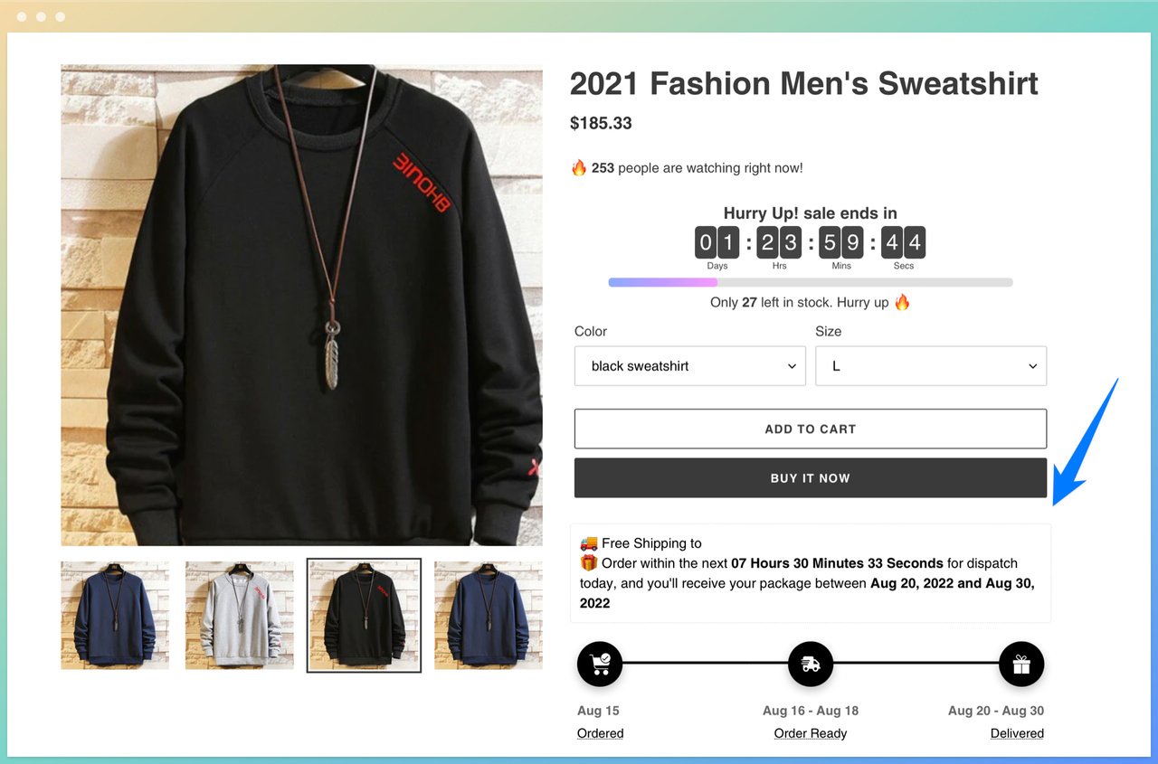 Estimated Delivery Date Boost by GoSunflower88's product page showing a black sweatshirt for men with color options below and countdown timer, estimated delivery time and product info on the right