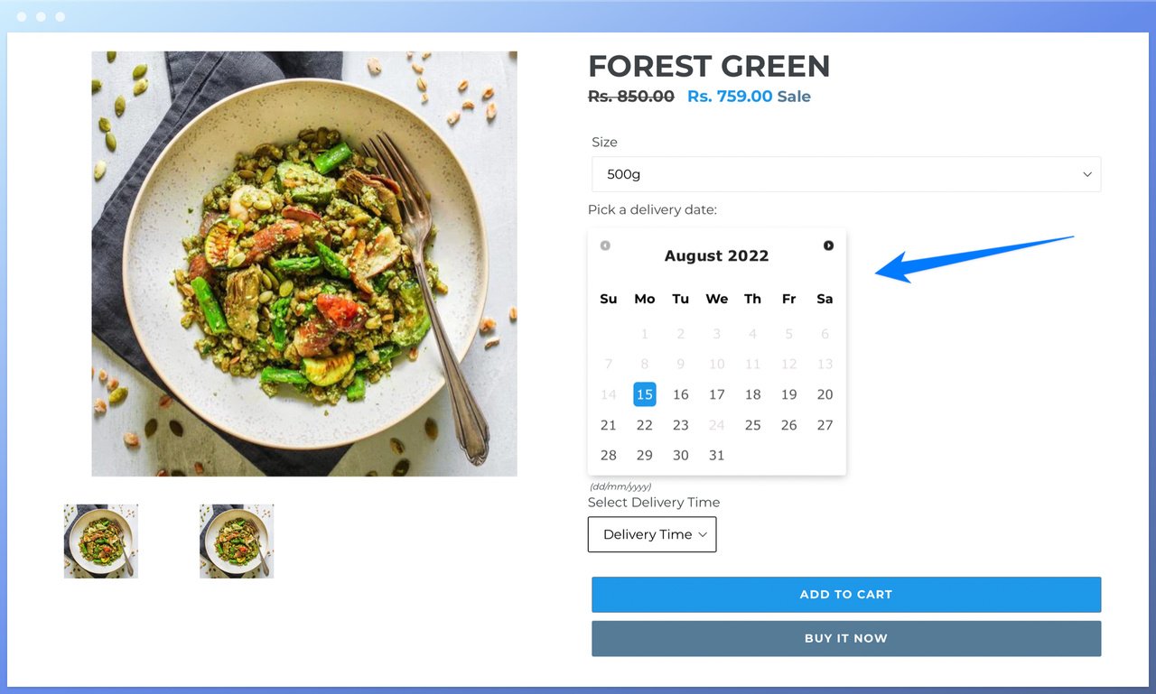 Delivery Date Pro by Zestard Technologies product page showing a salad's price and amount with a delivery calender on the right and blue add to cart and buy it now buttons