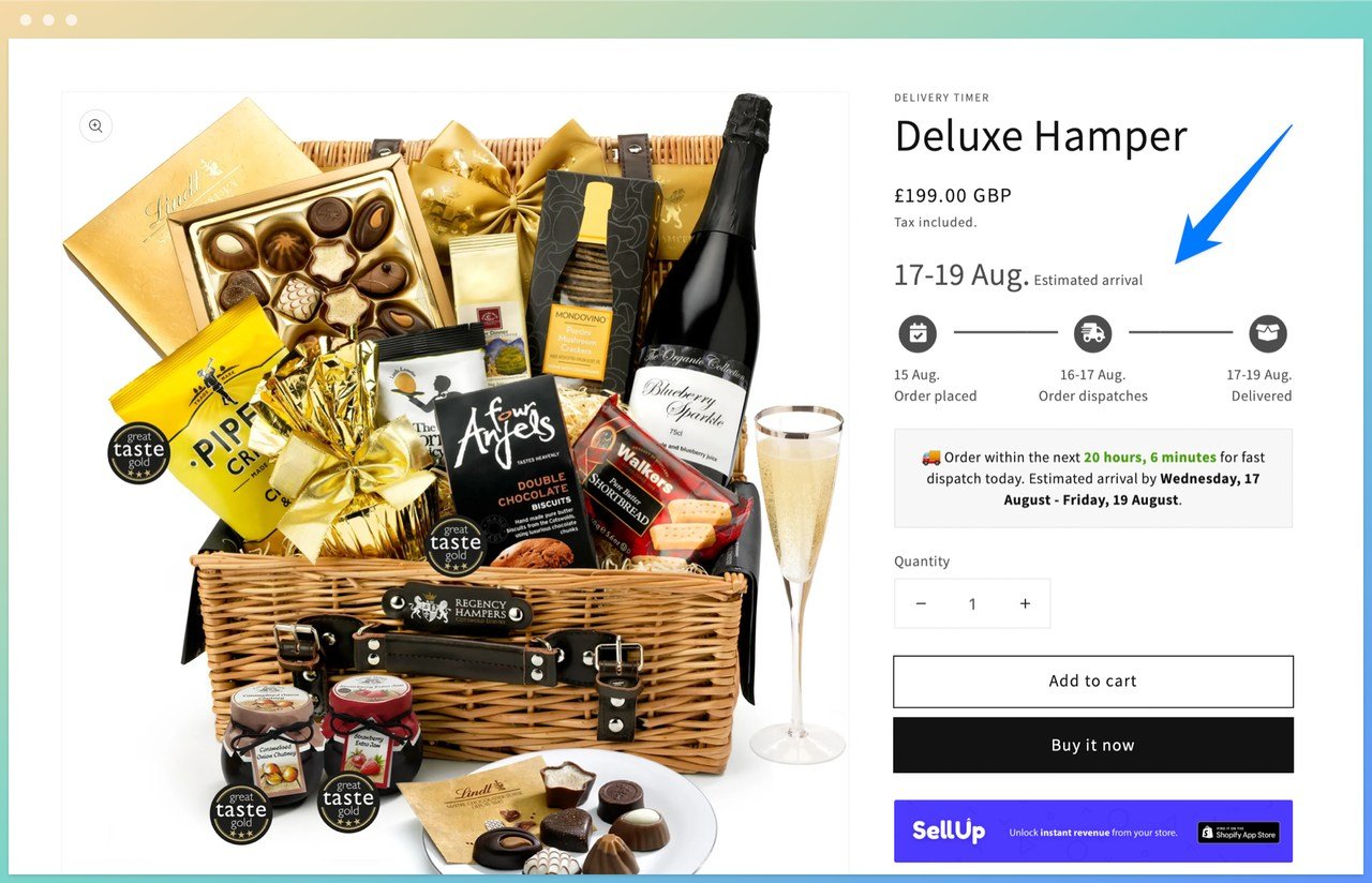 Launchtip's Delivery Timer Shopify delivery date app's product page showing a deluxe party basket including a bottle of drink, chocolates, a glass and other snacks with estimated delivery date and add to cart and buy it now buttons on the right