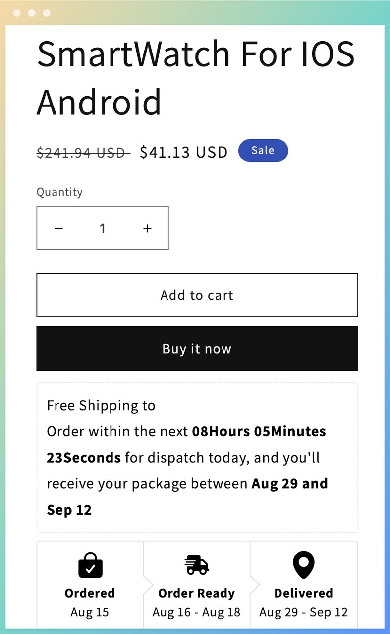 Estimated Delivery Date Plus by Code's check out page with a smart watch's price and add to cart buy it now buttons above the estimated delivery time