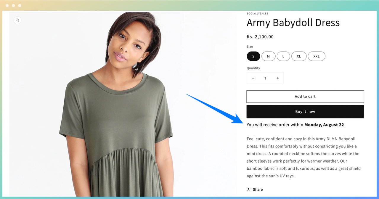 Order Delivery Estimation by Pleximus' product page showing a tshirt on a young woman next to the product information part, buy buttons and estimated delivery time on the right 