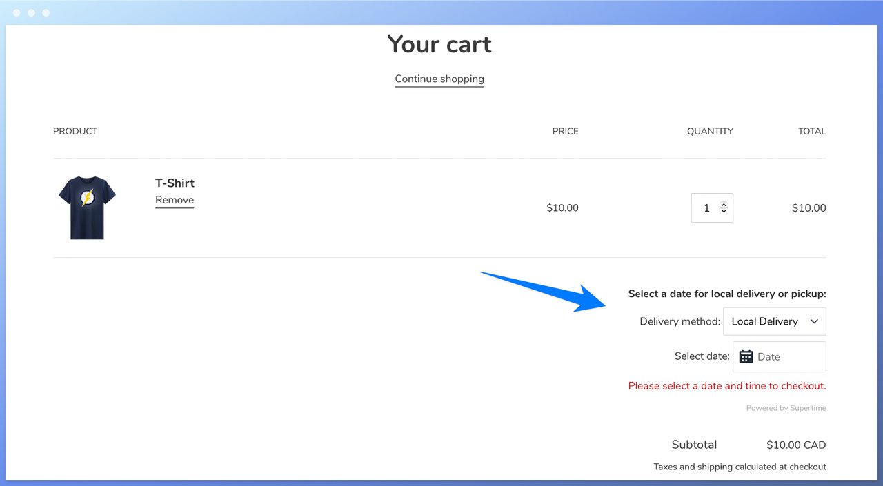 Supertime Delivery Date Picker by Roundtrip showing a tshirt with its price and delivery time picker slot below