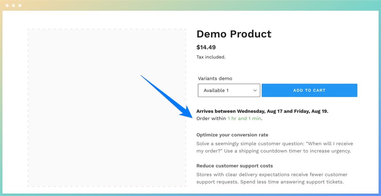 Delm-Delivery Message by Delm's demo product page showing a price, estimated delivery time and product info on the right