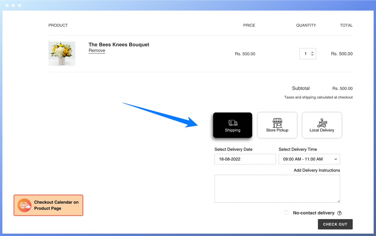 Delivery Date Manager by AppJetty's check out page showing a flower bouquet's price and pick up and delivery date options on the right bottom corner