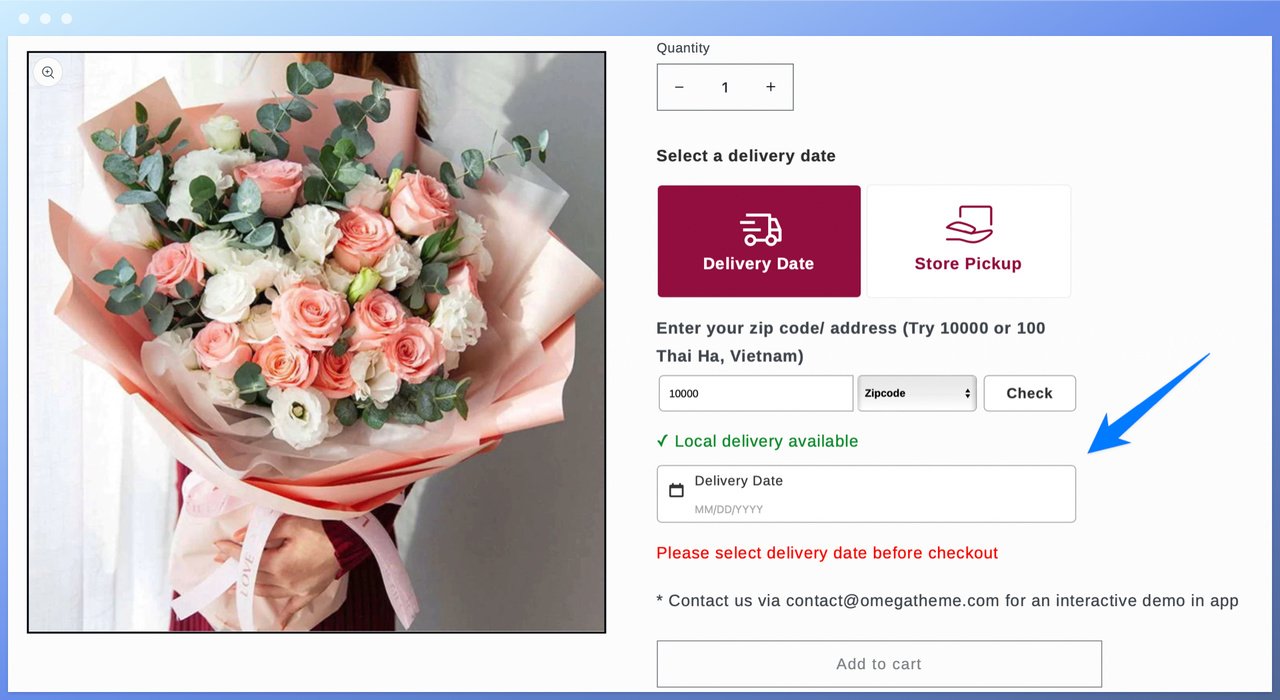 DingDoong: Delivery + Pick-up by Omega's product page showing a flower bouquet's price and delivery date options on the right