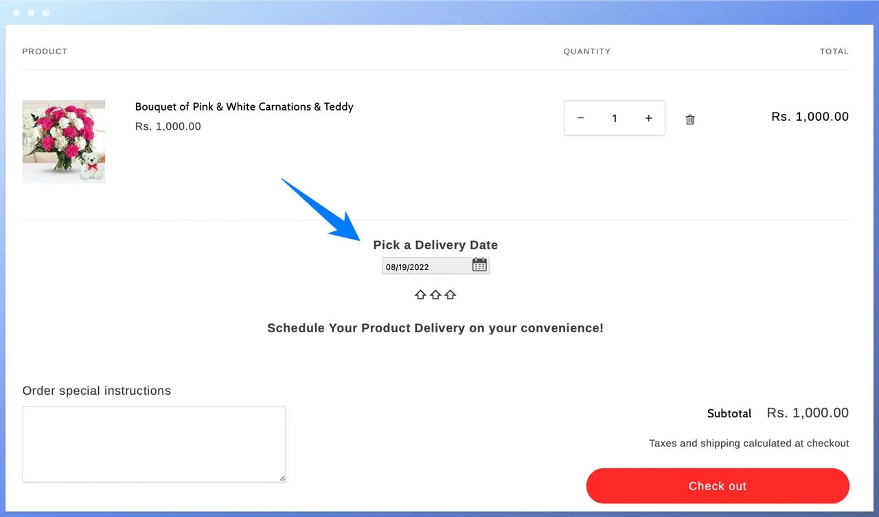 Estimated Order Delivery Date by SetuBridge's checkout page showing a flower bouquet's price and delivery date picker below