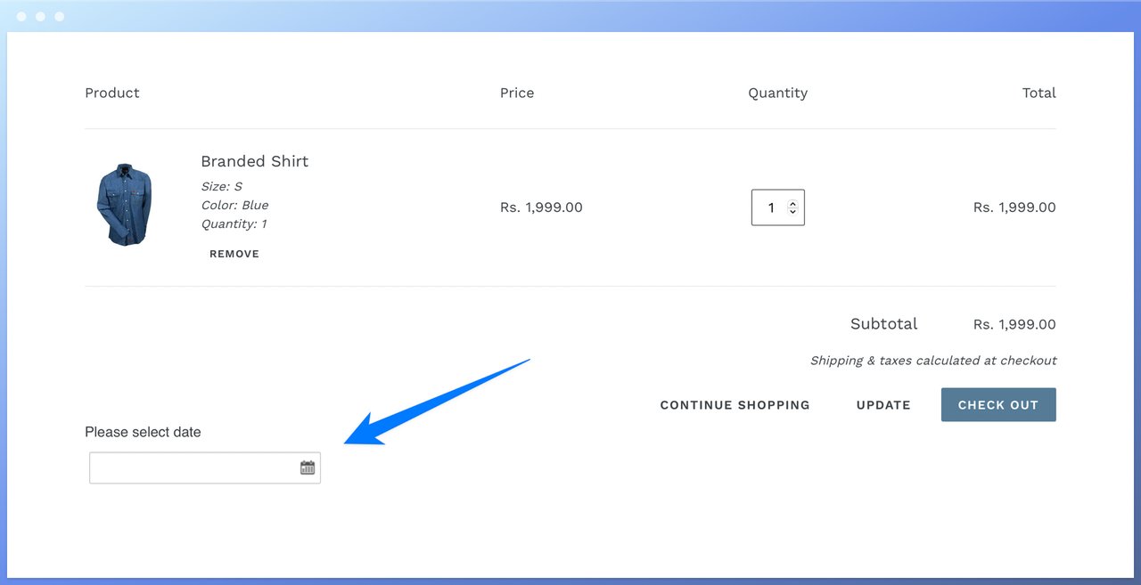 Order Delivery Date Picker by Spice Gems's shopping cart page showing a blue shirt's price and delivery date option slot on the left hand bottom
