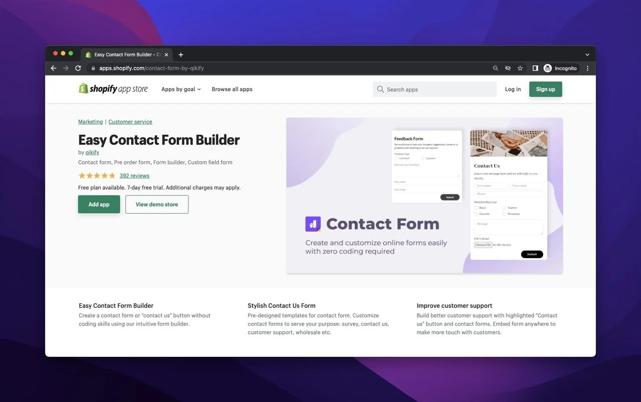 qikify form builder on the Shopify app store