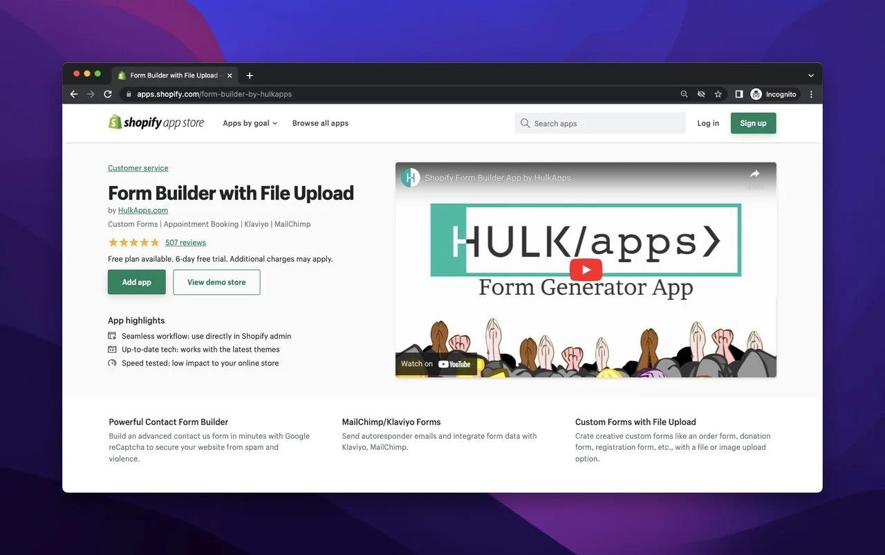 hulkapps form builder on the Shopify app store