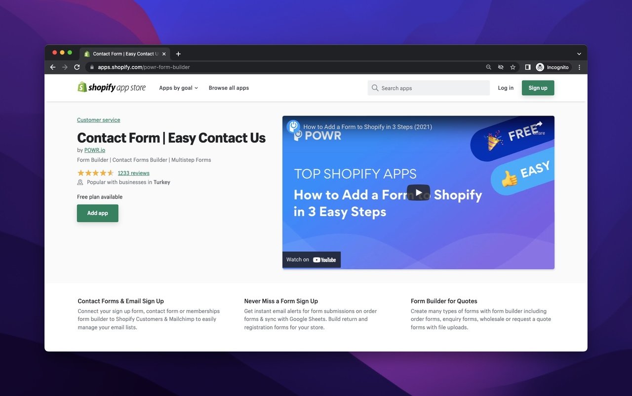 powr.io form builder on the Shopify app store