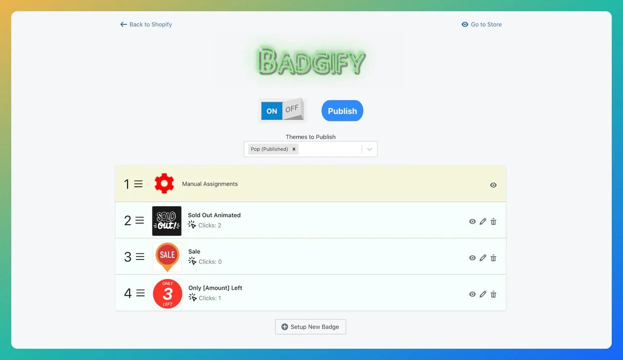 a screenshot of Shopify trust app named"Badgify By Smart Product Badges"that shows different trust badges added in the Shopify store dashboard using this tool