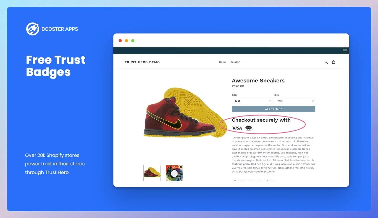 a screenshot of Shopify trust app named"Trust Hero" product page with safe checkout and payment trust badge