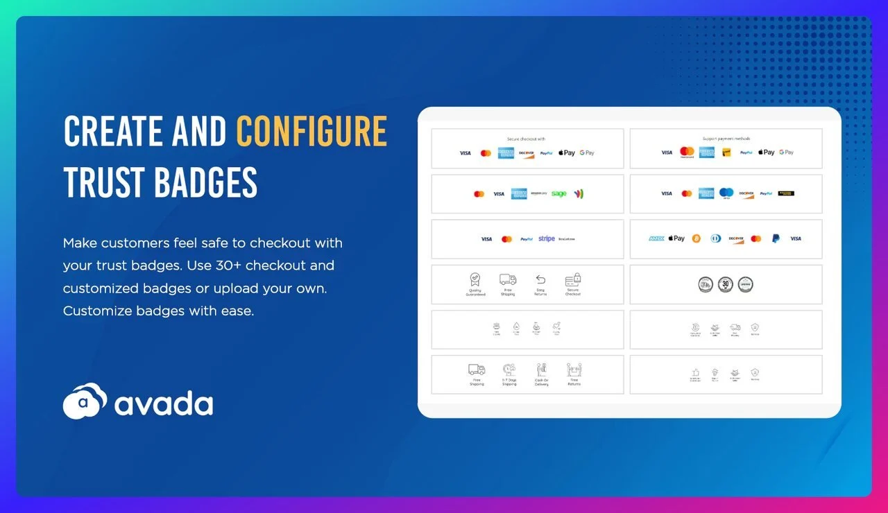 a screenshot of Shopify trust app named"AVA Trust Badges" preview that shows different types of trust seals payment page