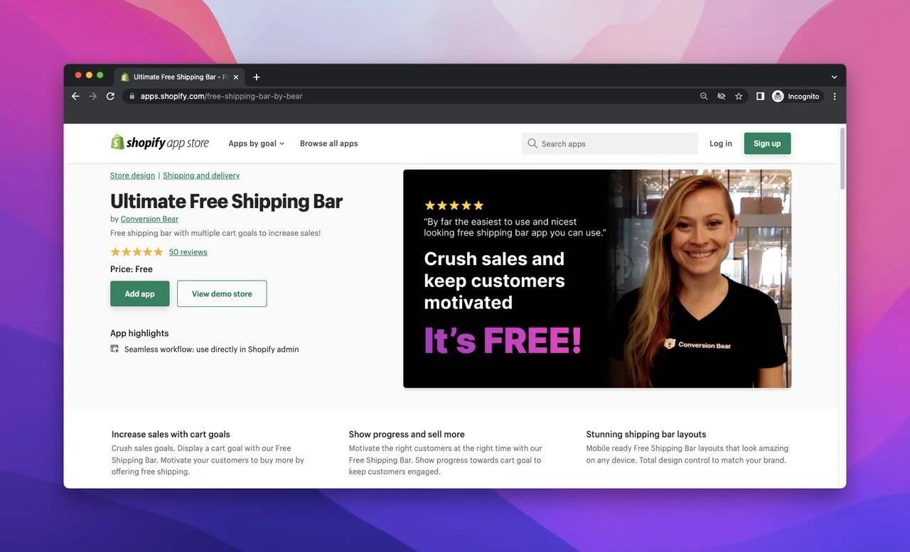 หน้าร้านค้าแอป Shopify ของ Ultimate Free Shipping Bar โดย Conversion Bear