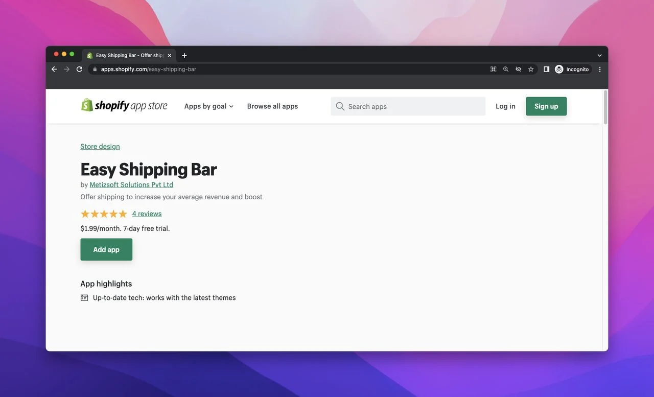 Shopify หน้าร้านค้าแอปของ Easy Shipping Bar