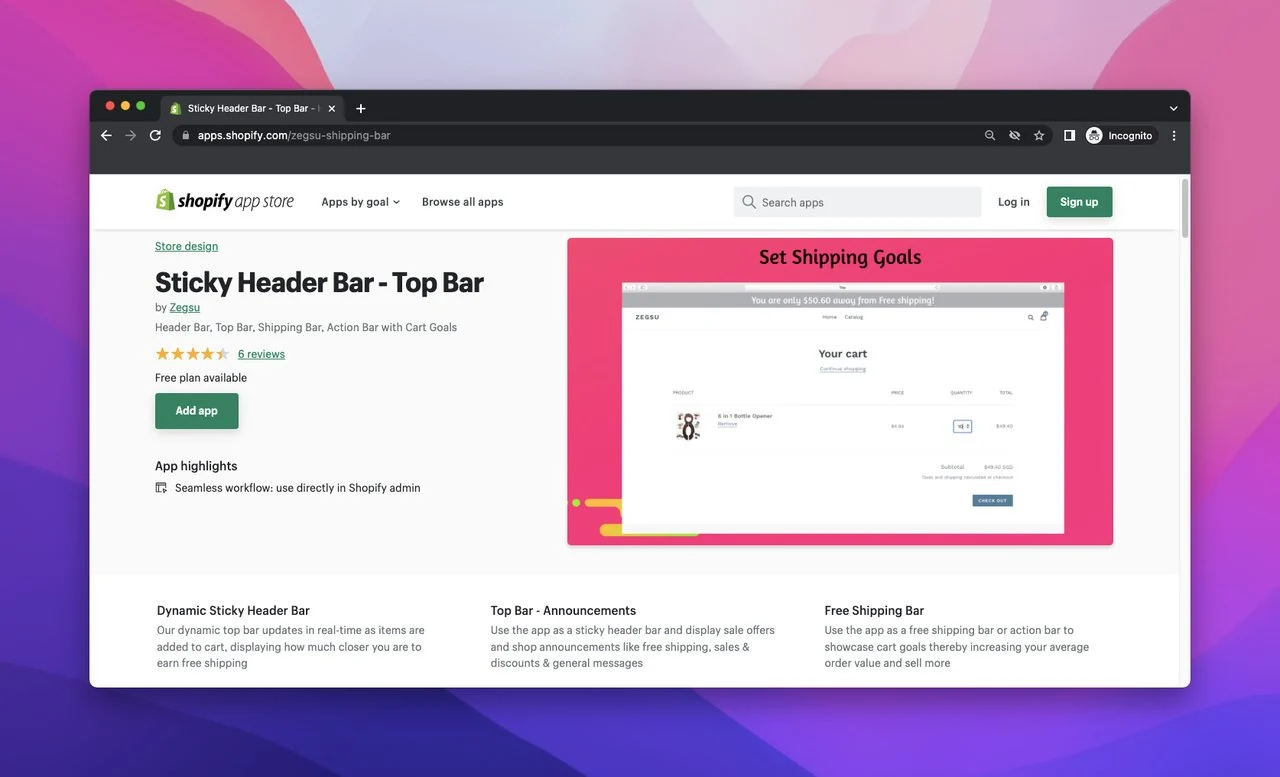 หน้าร้านค้าแอป Shopify ของ Sticky Header Bar Top Bar Zegsu