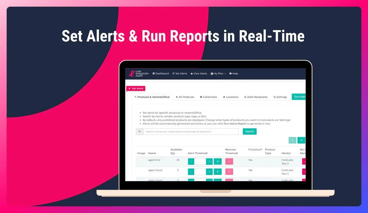 a screenshot of Guru Low Inventory Alert Shopify app that says "Set Alerts & Run Reports in Real-Time" and shows the Shopify store's dashboard and how to use the app